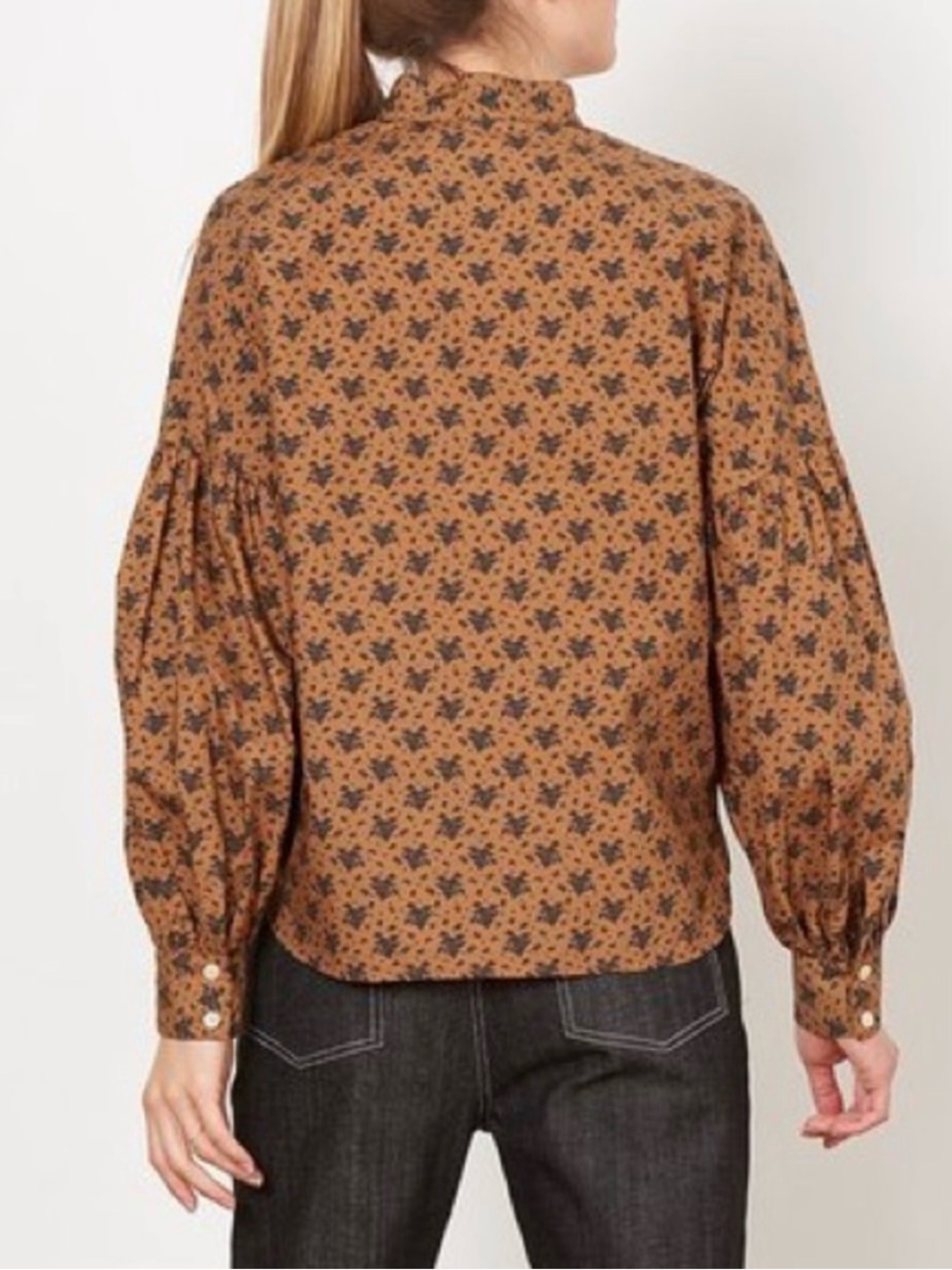 No. 6 Store Spencer Cotton Poplin Shirt Brown Navy Floral Cottagecore USA Made S - Picture 5 of 11